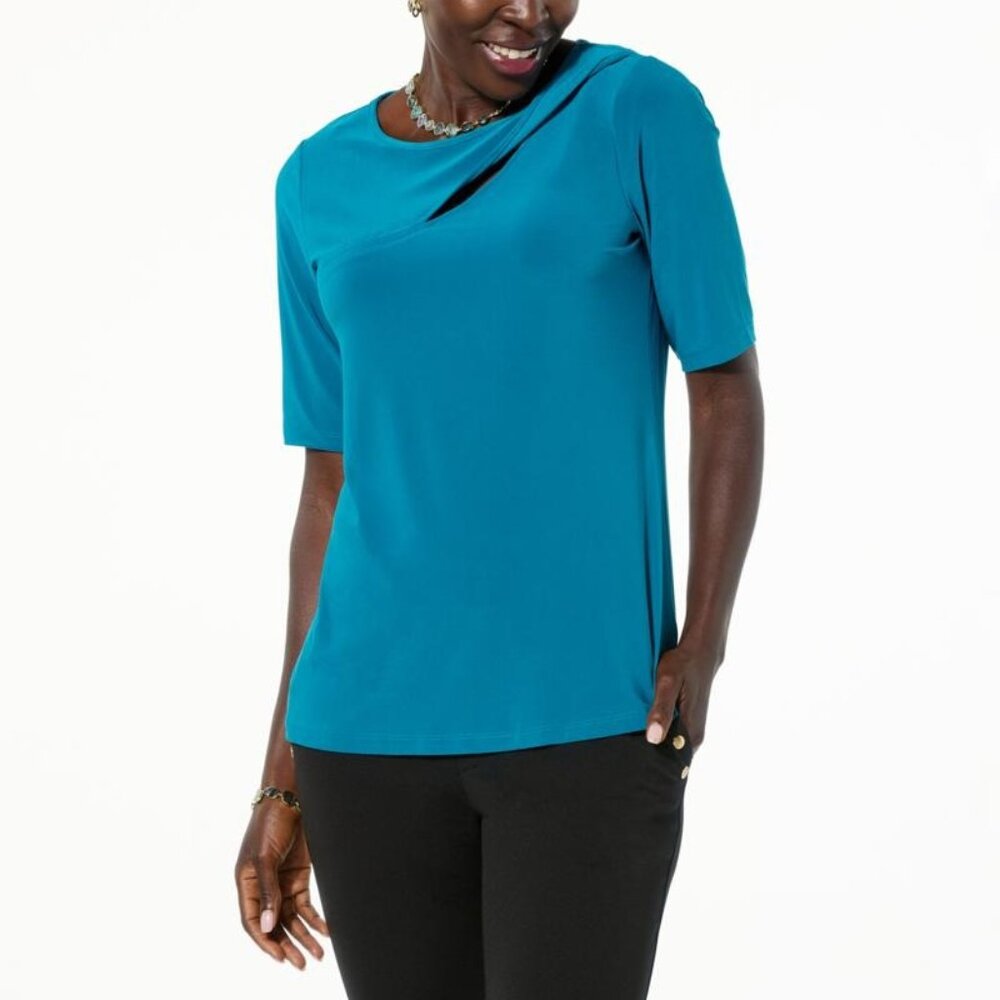 Nina Leonard Elbow Sleeve Peek a Boo Blouse Size XL Jersey Knit Deep Lagoon NEW